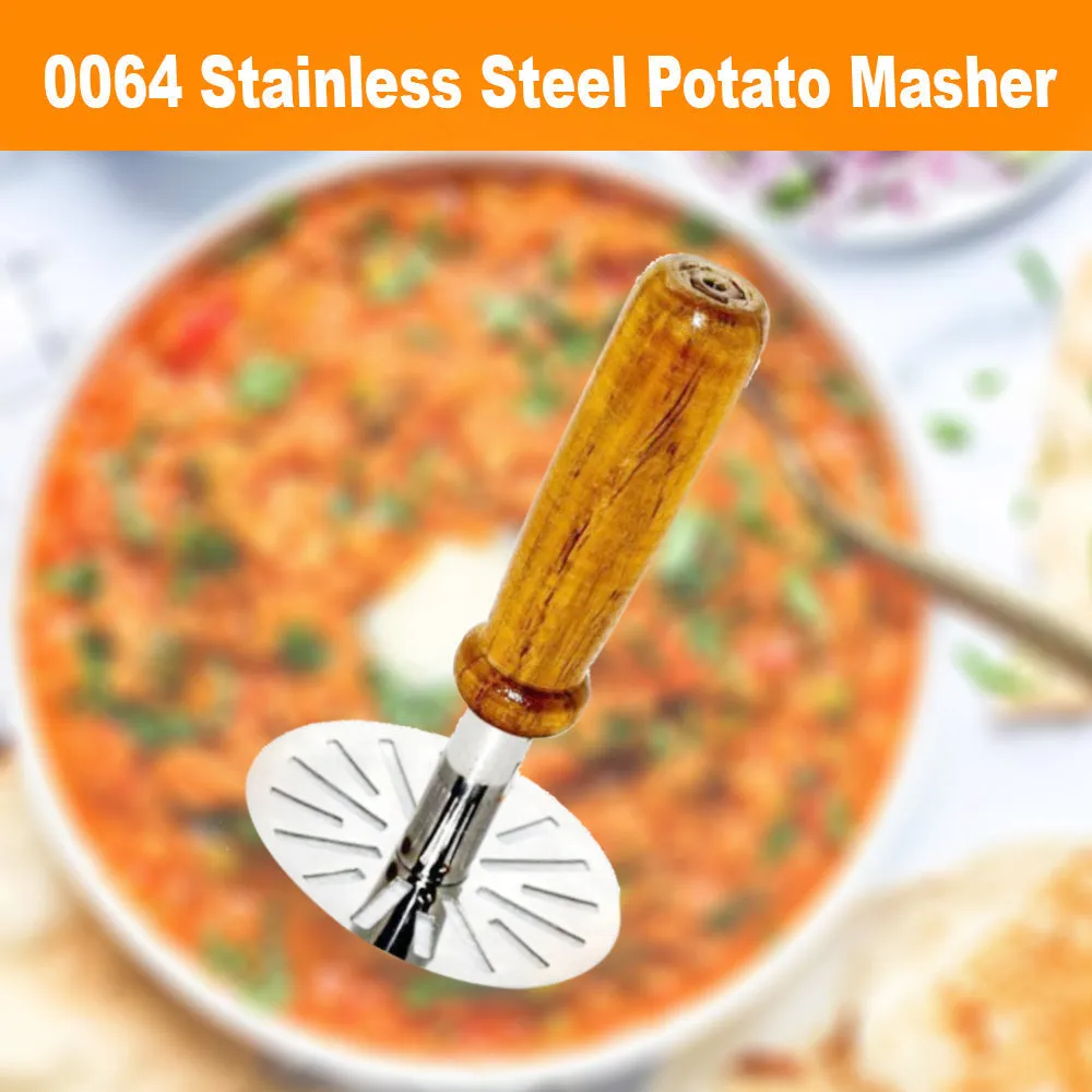 064 Stainless Steel Potato Masher, Pav Bhaji Masher with wooden handle