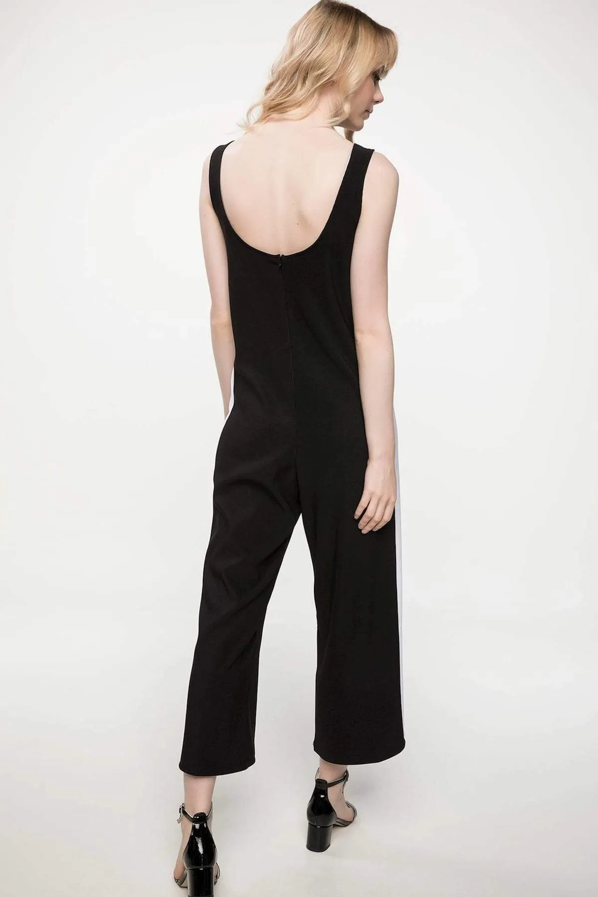 16227 Black Side Stripe Knitted Jumpsuit