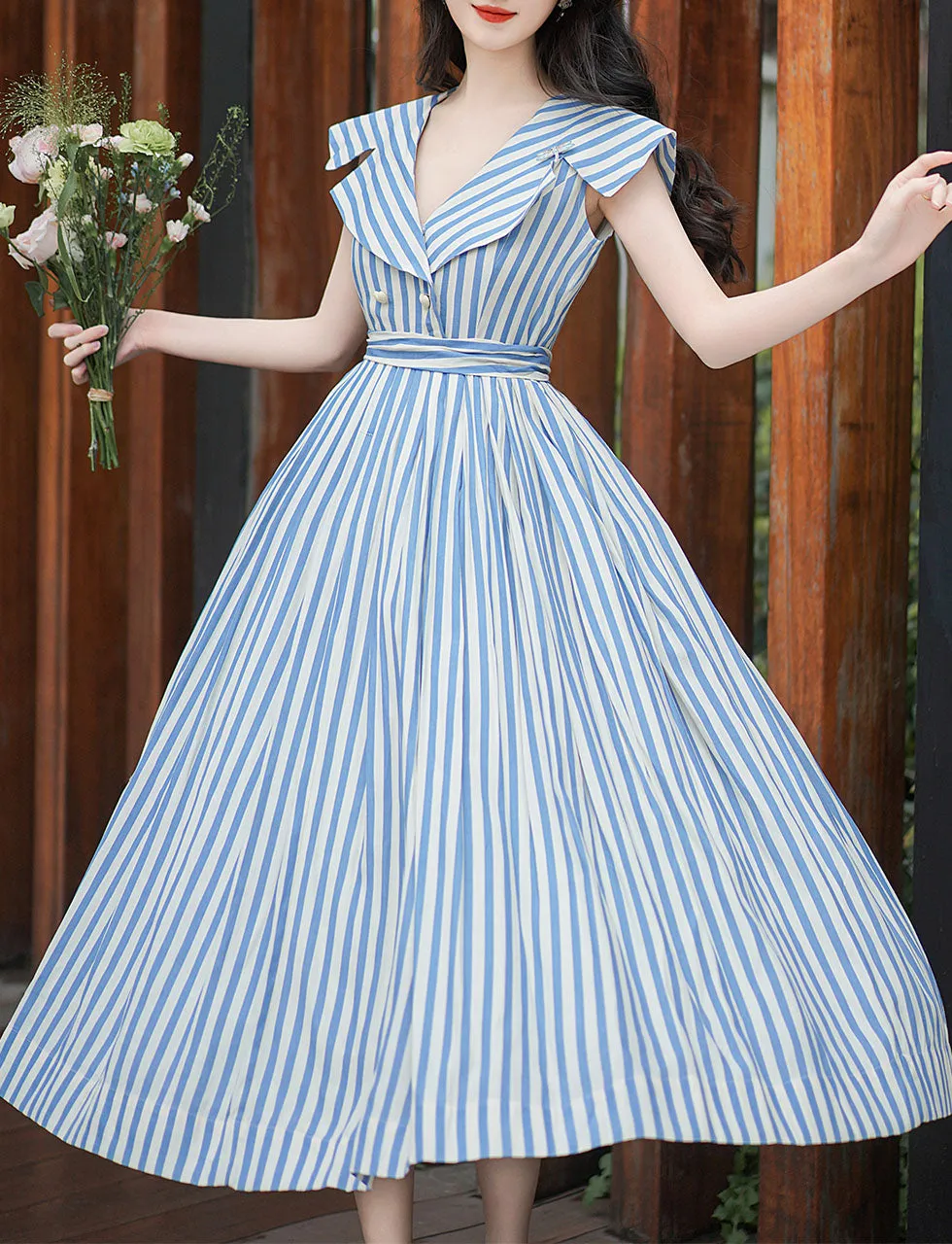 1950S Classic Vintage Summer Blue Strip Sailor Shawl Collar Pleated Swing Dress