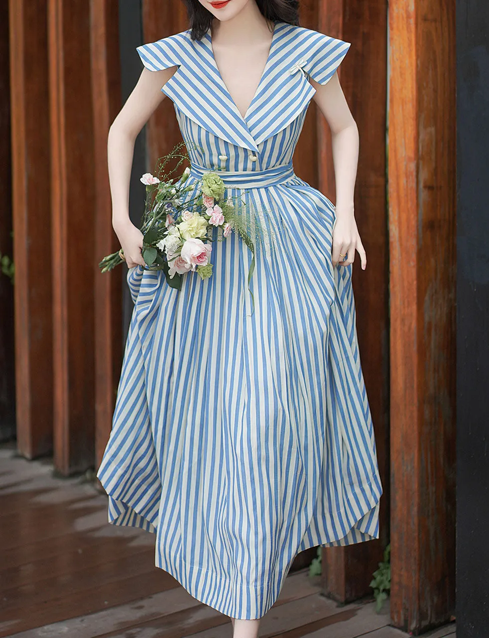 1950S Classic Vintage Summer Blue Strip Sailor Shawl Collar Pleated Swing Dress