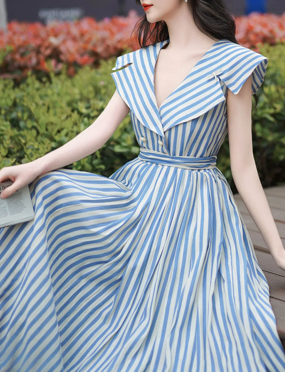 1950S Classic Vintage Summer Blue Strip Sailor Shawl Collar Pleated Swing Dress