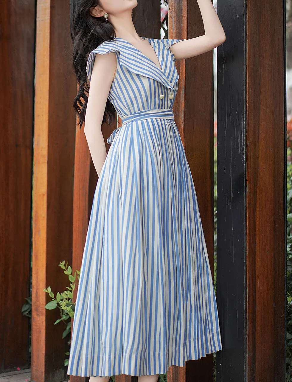 1950S Classic Vintage Summer Blue Strip Sailor Shawl Collar Pleated Swing Dress