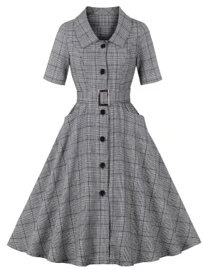 1950S Grey Turndown Collar Plaid Short Sleeve Vintage Dress With Pockets