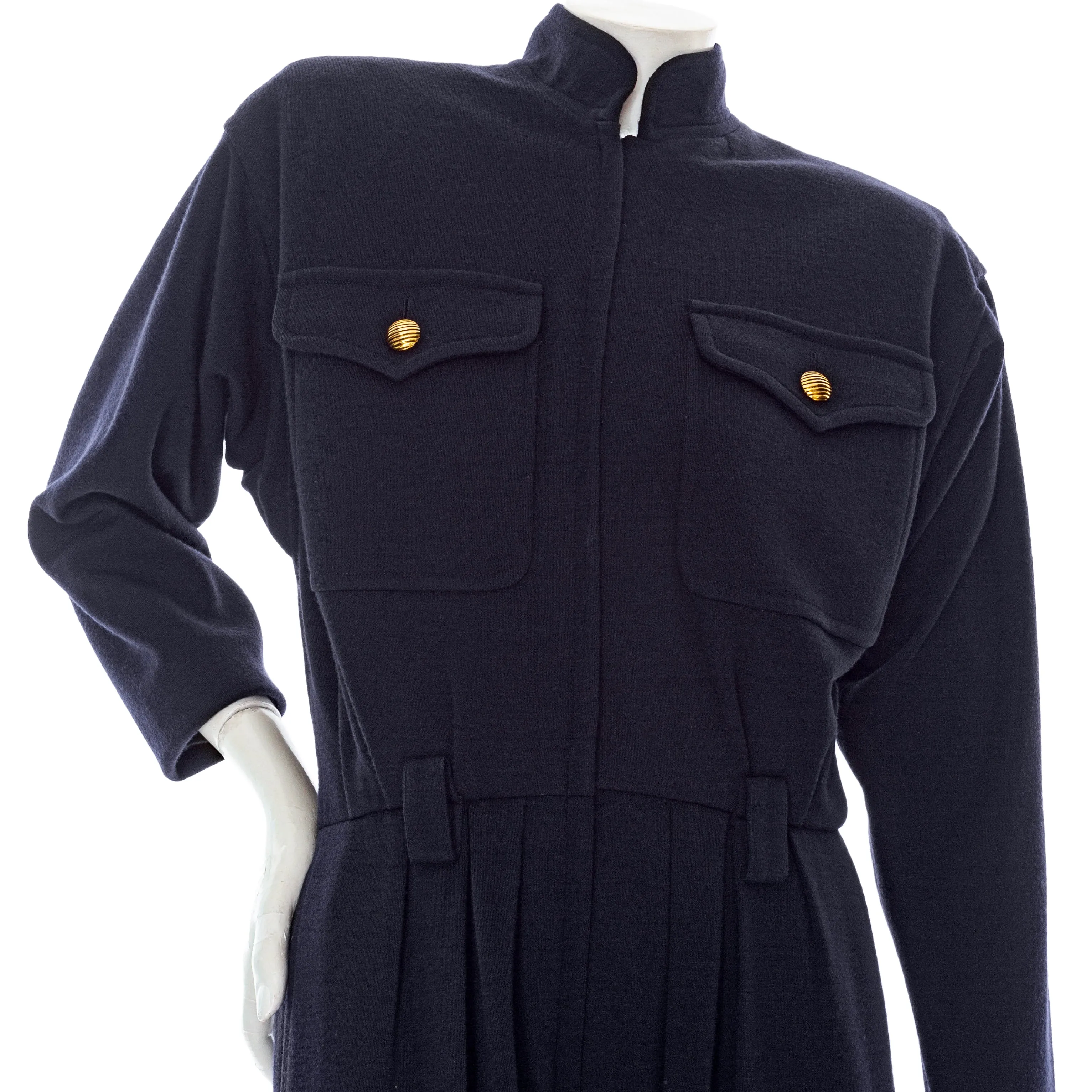 1980s Rive Gauche Navy Blue Wool Long Sleeve Jumpsuit