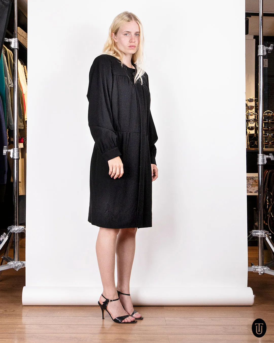 1980s Yves Saint Laurent Rive Gauche Black Wool Dress S M