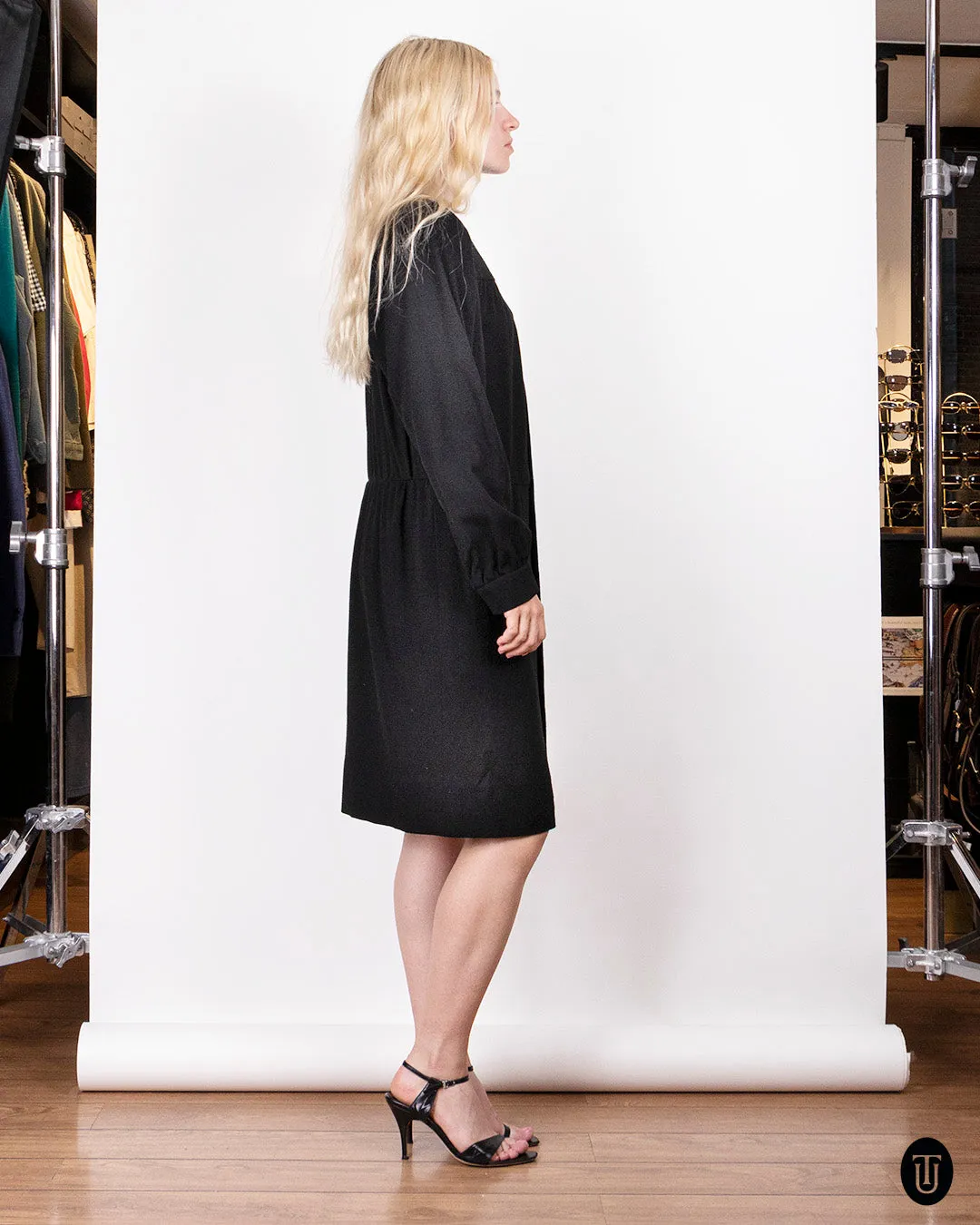 1980s Yves Saint Laurent Rive Gauche Black Wool Dress S M