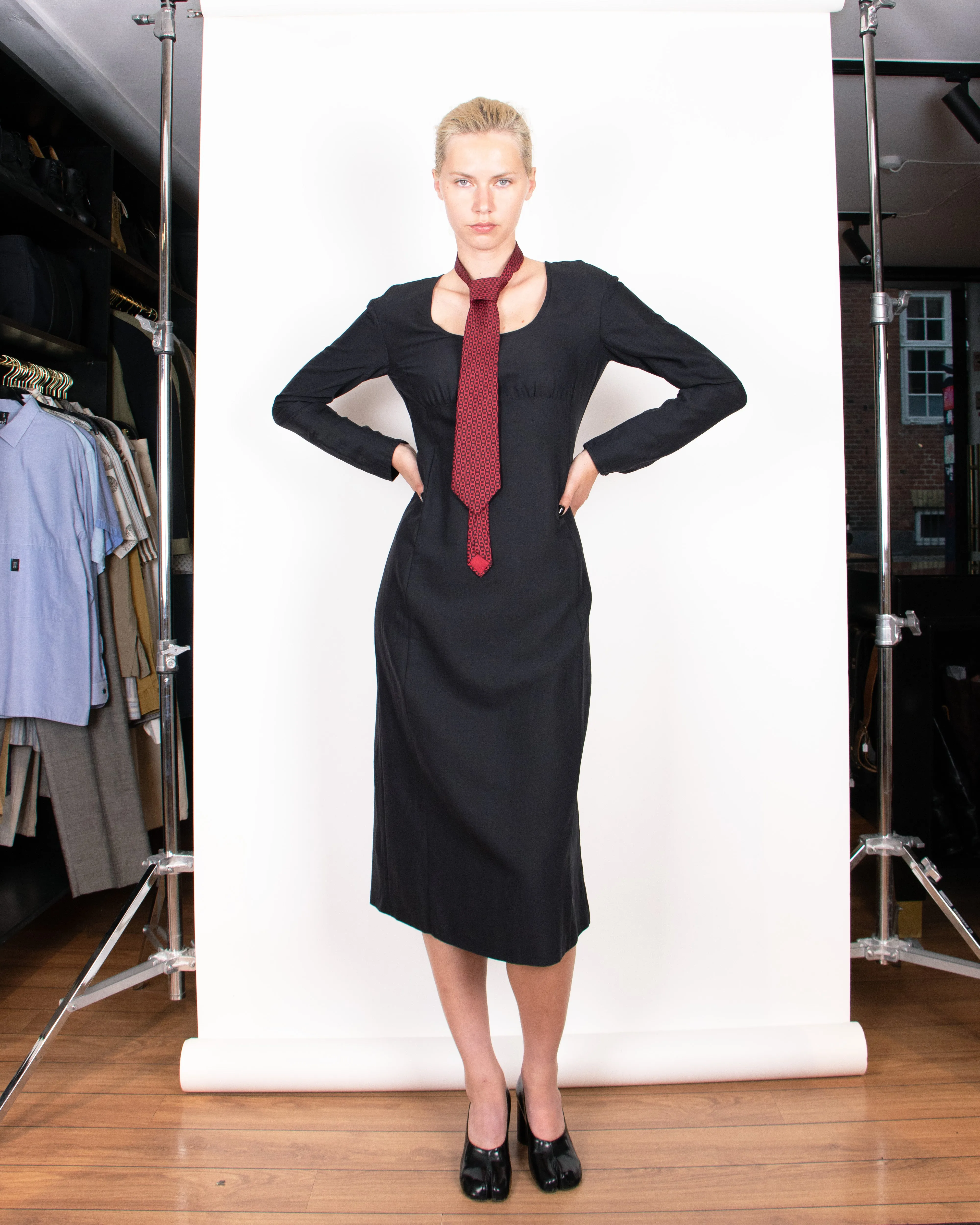 1990s Dries Van Noten Silk and Wool Black Midi Dress M