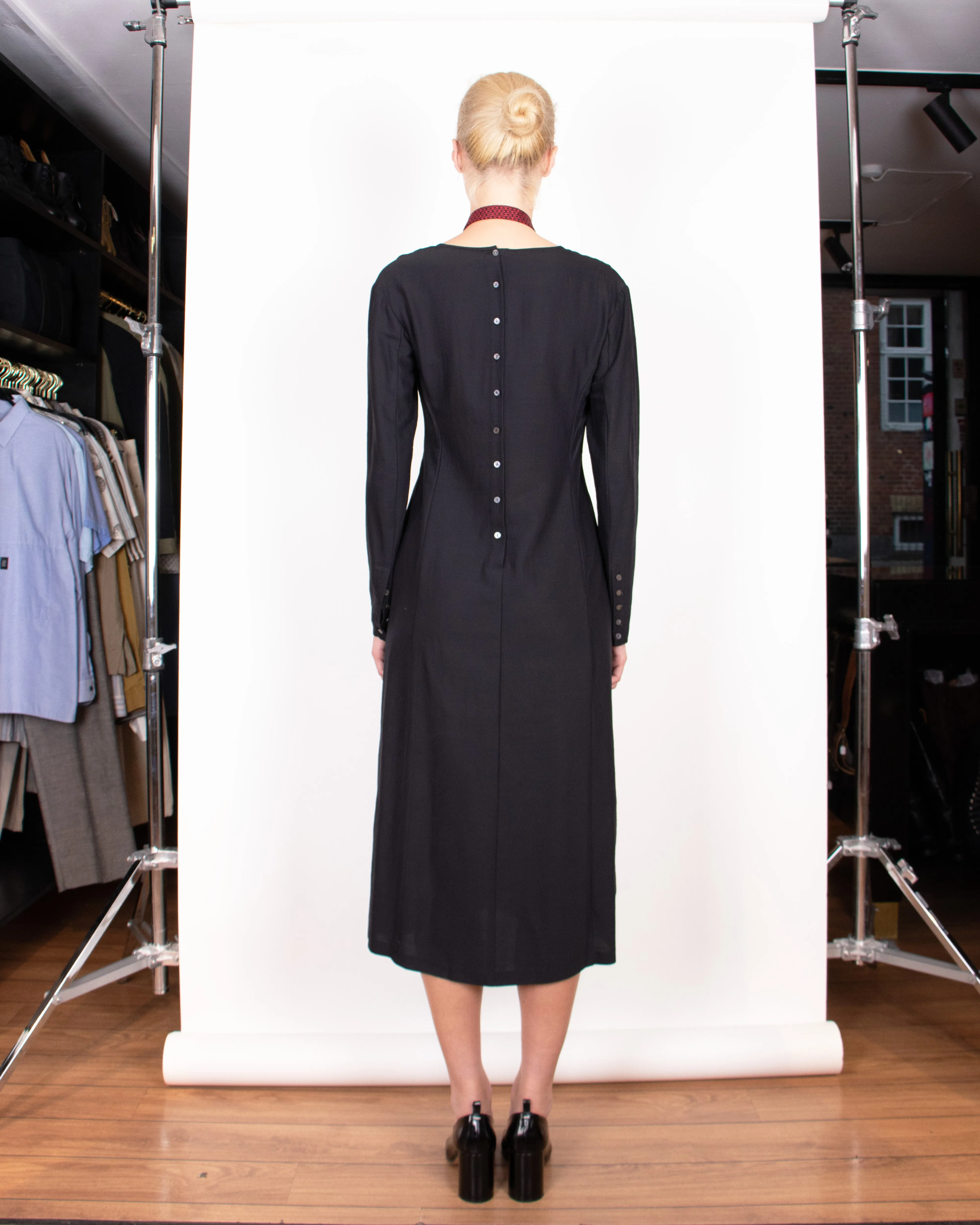 1990s Dries Van Noten Silk and Wool Black Midi Dress M