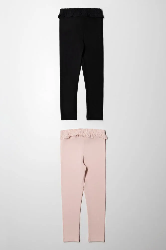 2 Pack Rib Leggings With Frill Black & Pink