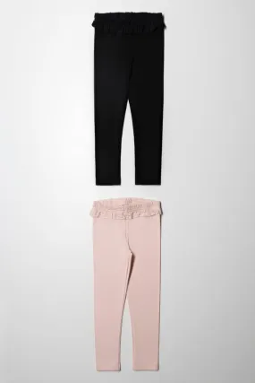 2 Pack Rib Leggings With Frill Black & Pink