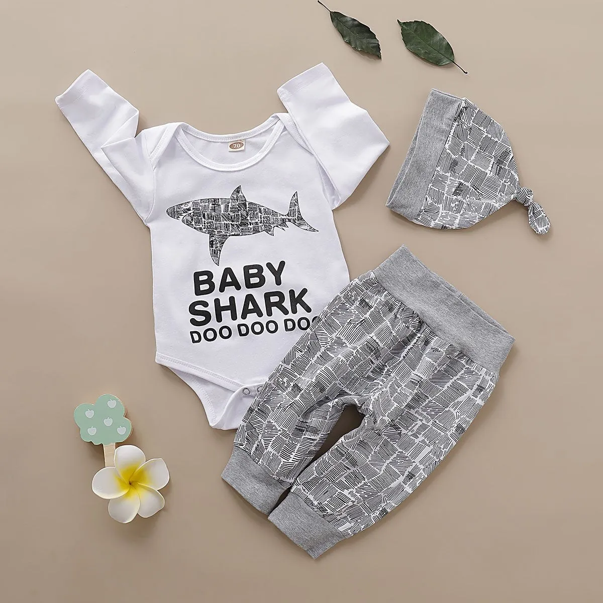 3-Piece Fall Baby Boy Outfit Shark Onesie   Pants Hat