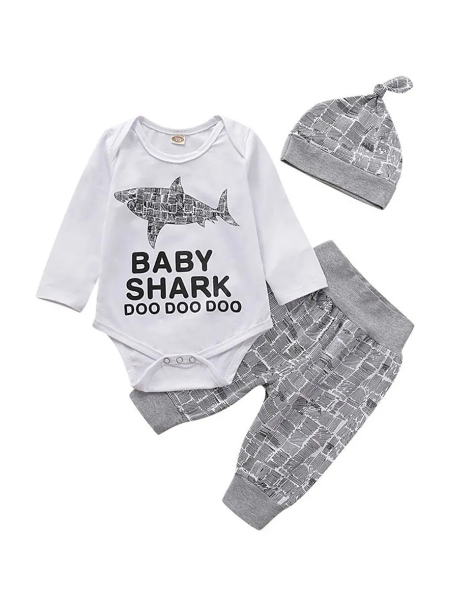 3-Piece Fall Baby Boy Outfit Shark Onesie   Pants Hat