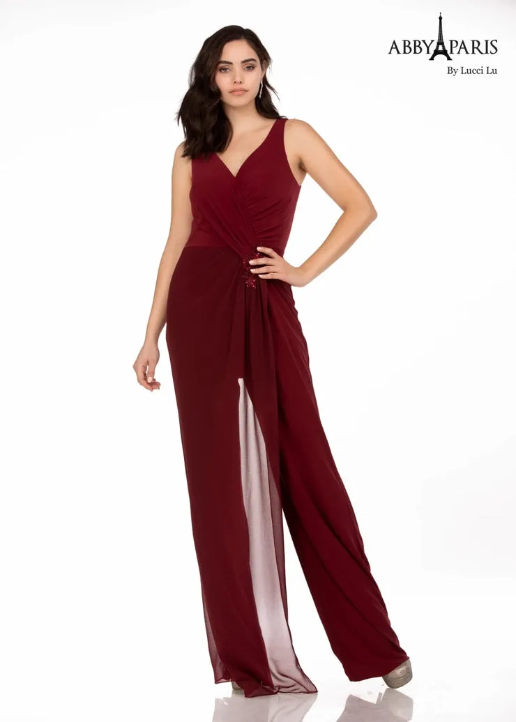 Abby Paris 96064 V-Neck Ruched Bodice Sheer Cape MOB Jumpsuit