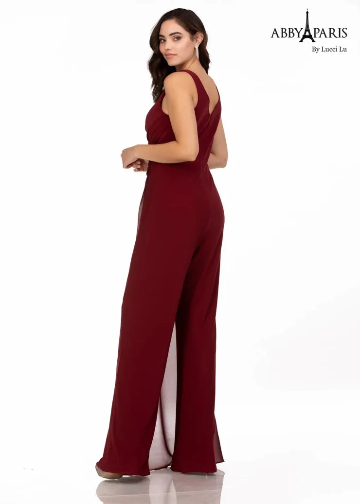 Abby Paris 96064 V-Neck Ruched Bodice Sheer Cape MOB Jumpsuit