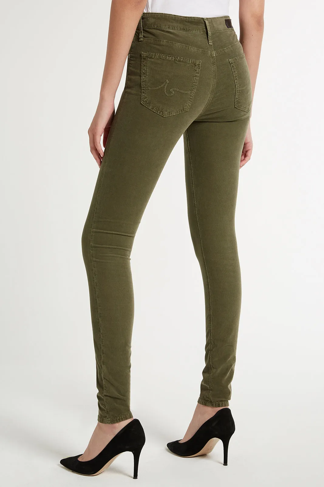 AG Jeans - Farrah Skinny High-Rise Fine Corded Denim in Sulfur Dried Agave Dark Green Color