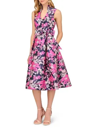 Aidan Mattox Jacquard Tie-Waist Midi-Dress