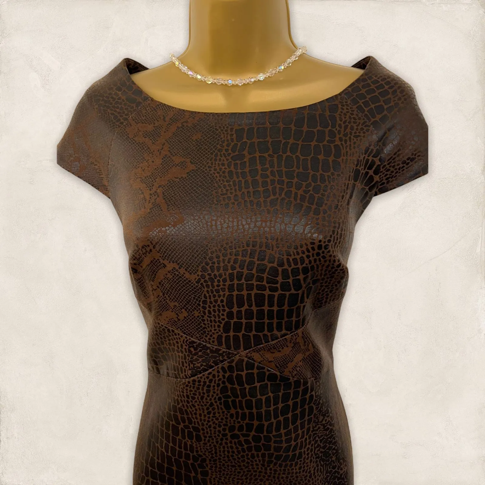 Alexon Vintage Brown Snake Print Leather Look Cap Sleeve Pencil Dress  UK 12 US 8 EU 40