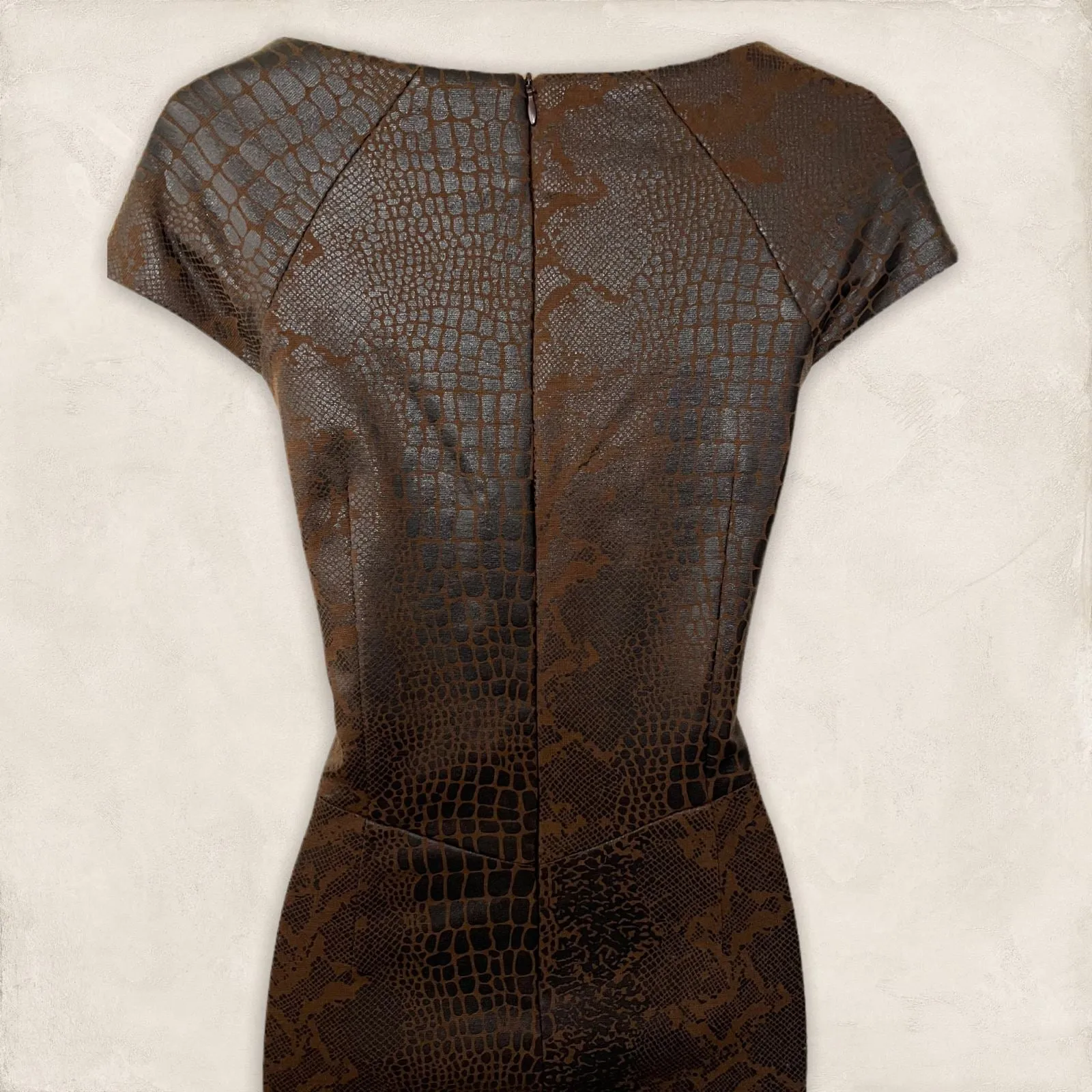 Alexon Vintage Brown Snake Print Leather Look Cap Sleeve Pencil Dress  UK 12 US 8 EU 40