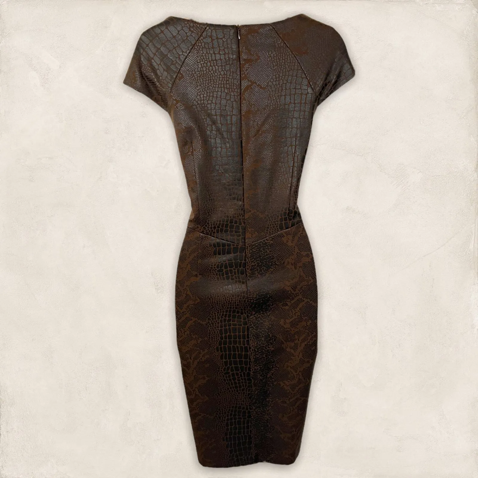 Alexon Vintage Brown Snake Print Leather Look Cap Sleeve Pencil Dress  UK 12 US 8 EU 40