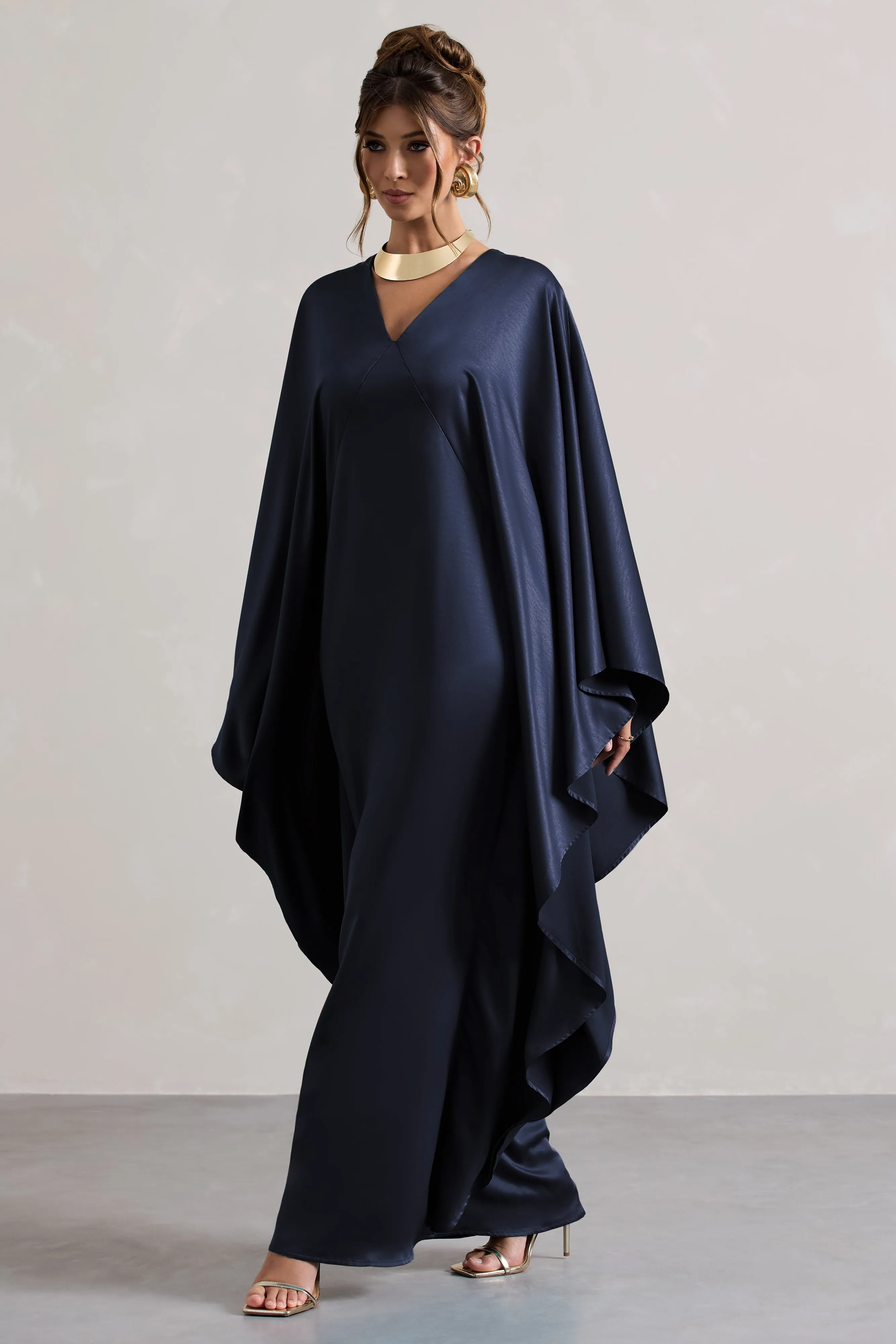 Alohi | Navy Satin Plunge Cape Maxi Dress