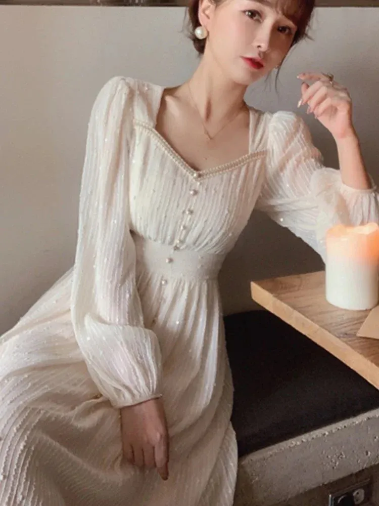 Amozae-2024 Summer New Women Fashion Elegant White Midi Dresses Vintage Princess Female Party A Line Clothes Prom Robe Vestdios