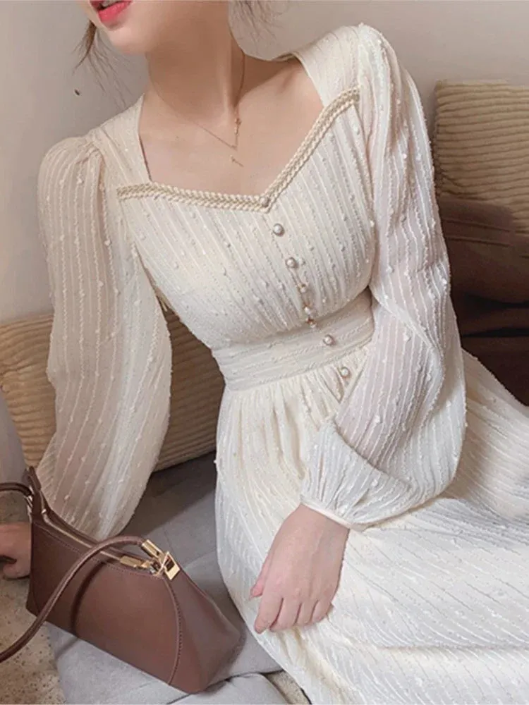 Amozae-2024 Summer New Women Fashion Elegant White Midi Dresses Vintage Princess Female Party A Line Clothes Prom Robe Vestdios