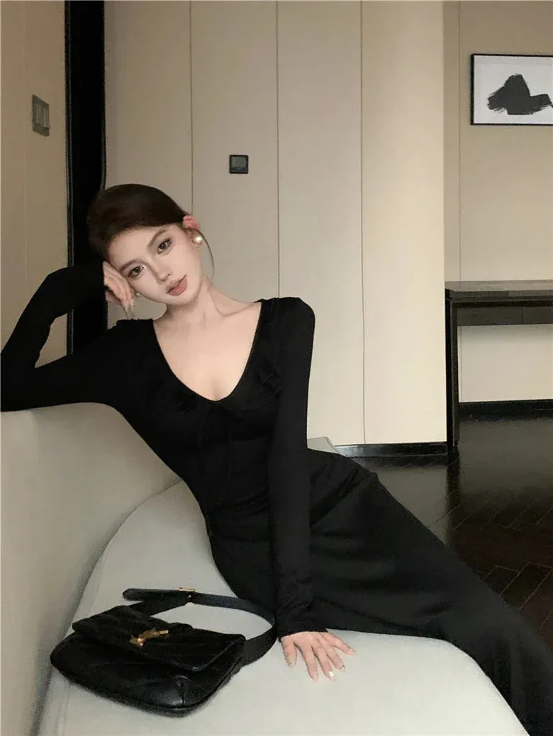 Amozae-Elegant Solid Knitted Dress Women Ruffles V-neck Lace-up Long Sleeve Slim Casual Female Korean Fashion Sexy Midi Vestidos Mujer