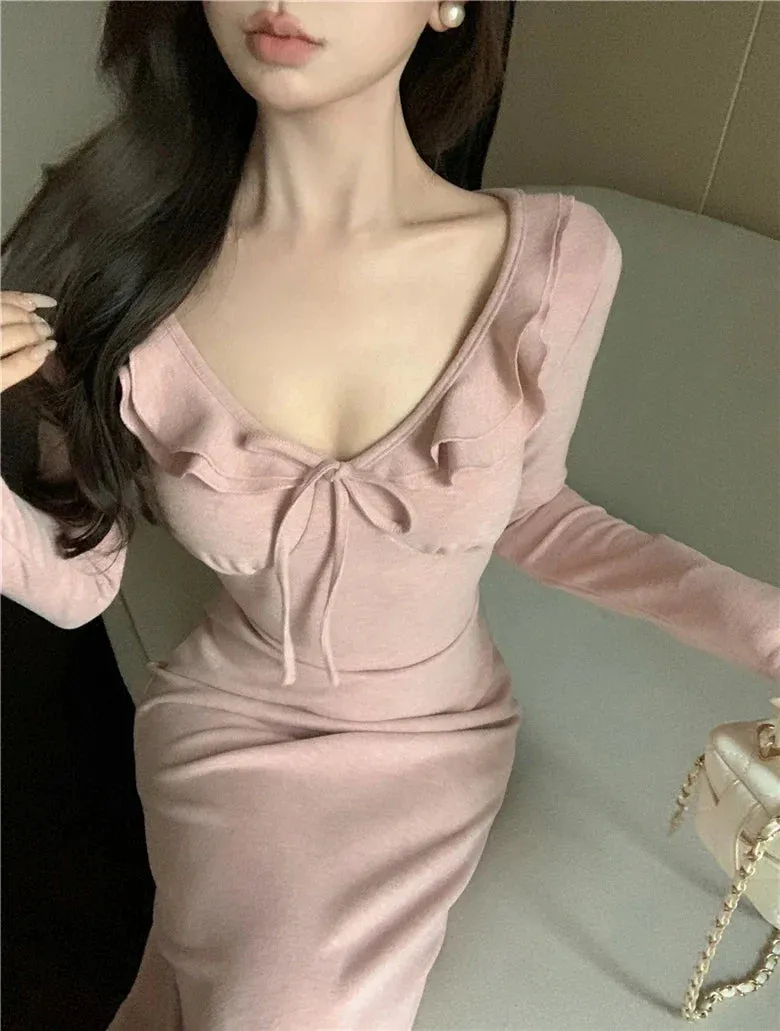 Amozae-Elegant Solid Knitted Dress Women Ruffles V-neck Lace-up Long Sleeve Slim Casual Female Korean Fashion Sexy Midi Vestidos Mujer