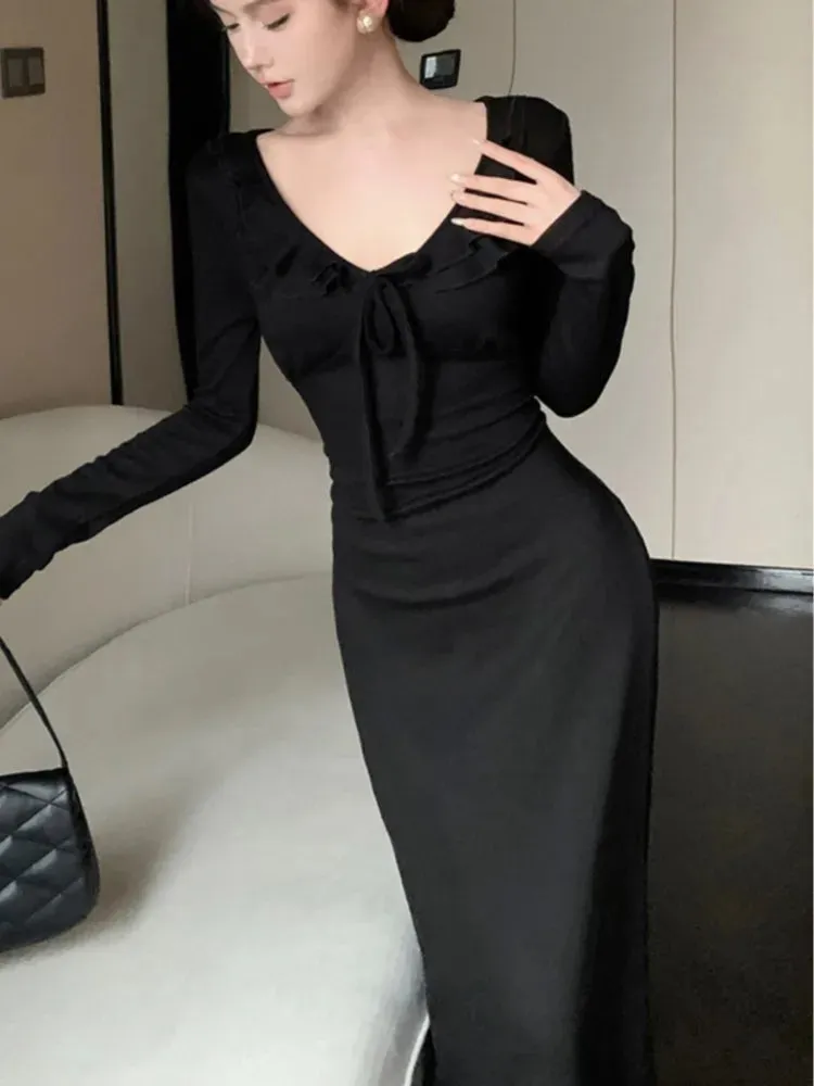 Amozae-Elegant Solid Knitted Dress Women Ruffles V-neck Lace-up Long Sleeve Slim Casual Female Korean Fashion Sexy Midi Vestidos Mujer