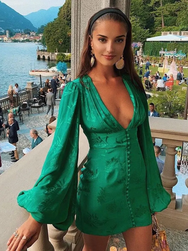 Amozae-Graduation Gift Big Sale  Green satin bodycon party dress women vintage flower print button dress   v neck lantern sleeve dress vestidos de fiesta