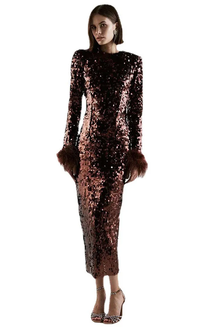 Amozae-Sparkly Feather Trim Long Sleeve Velvet Sequin Midi Dress - Chocolate