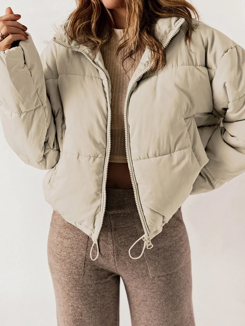 Apricot Quilted Puffer Jacket with Drawstring Hem