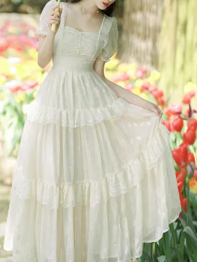 Apricot Square Neck Ruffle Short Sleeve Vintage Fairy Dress