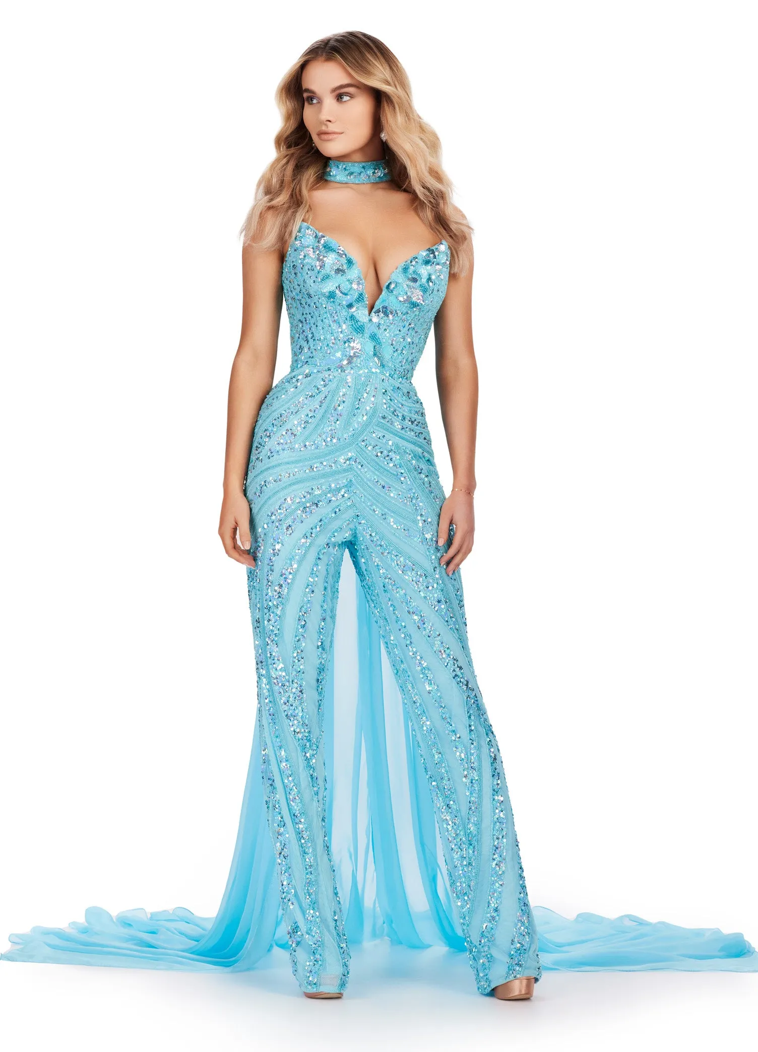 Ashley Lauren 11647  Beaded Strapless Jumpsuit Beaded Choker Cape Prom Formal