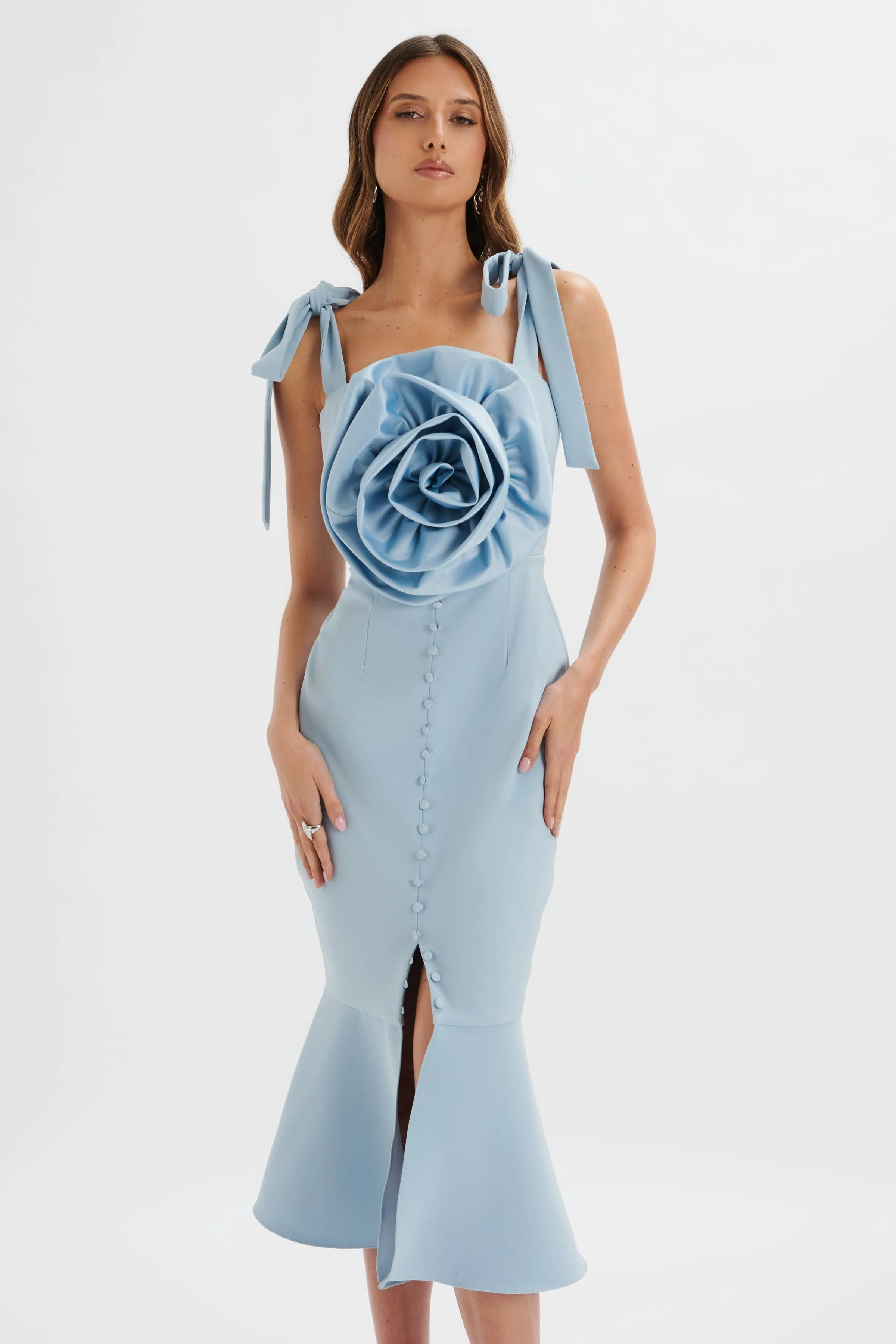 AUGUST Flower Detail Tie Strap Micro Button Midi Dress in Cornflower Blue