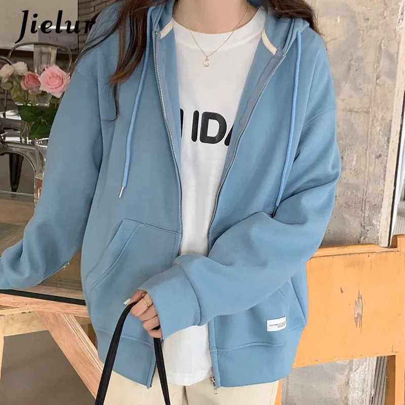 Autumn Chic Zip-up Hoodies Female Casual Street Loose Thin Blue Gray Apricot Sweatshirt Pocket Hooded Women Cardigans