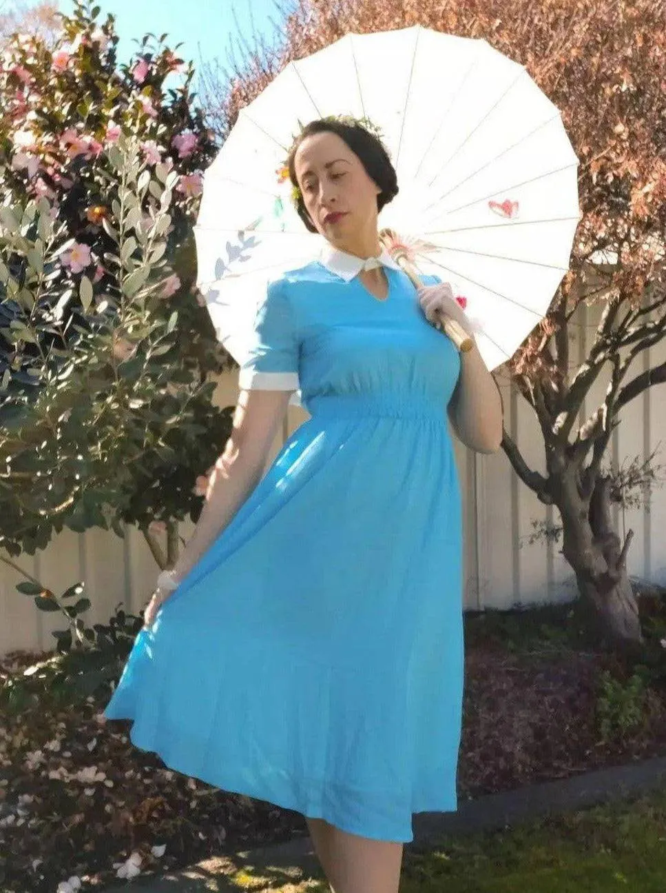 AVA 1940s Vintage Keyhole Neckline Dress Sky Blue