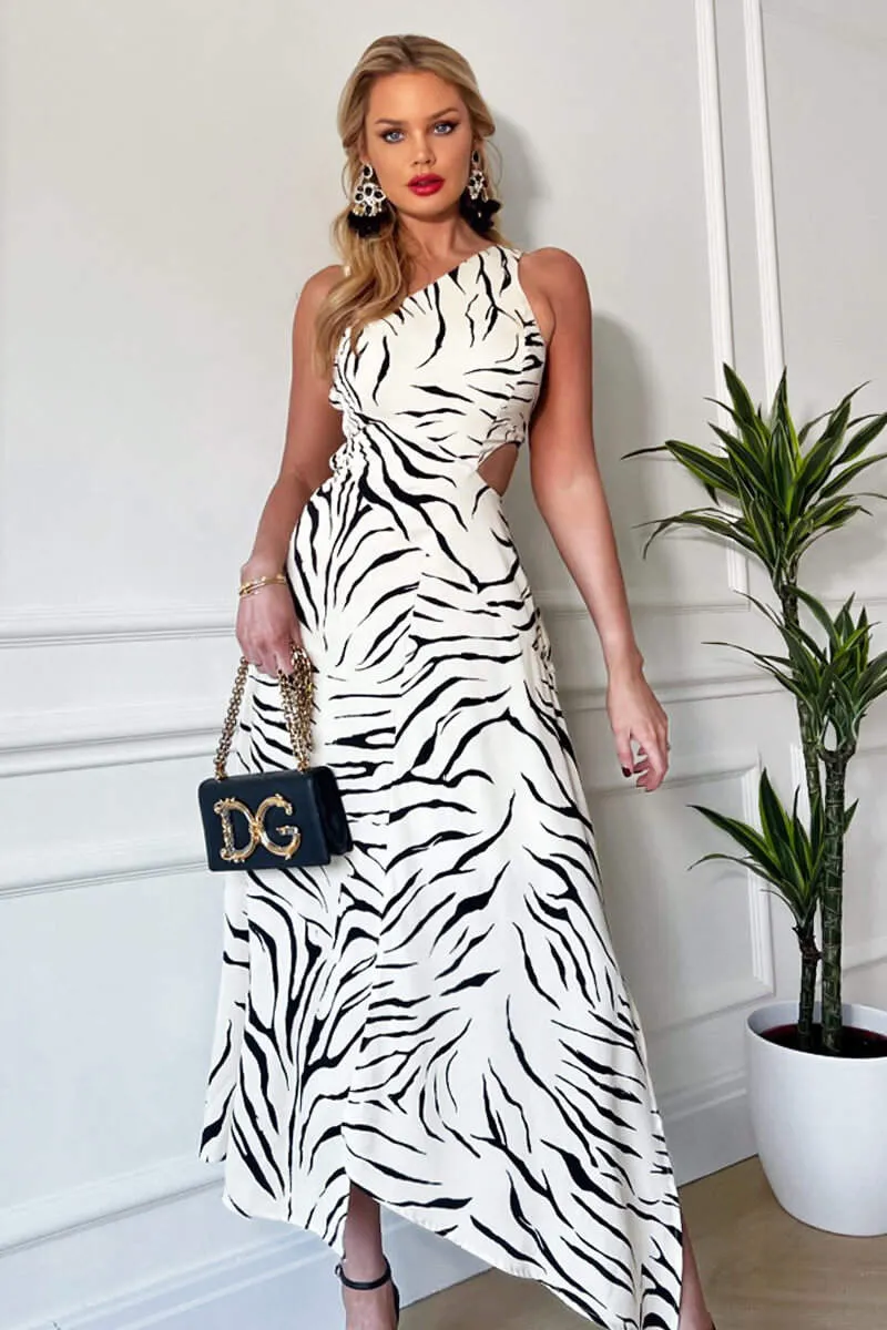 AX PARIS STONE AND BLACK ANIMAL PRINT ASYMMETRIC CUT OUT MIDI DRESS