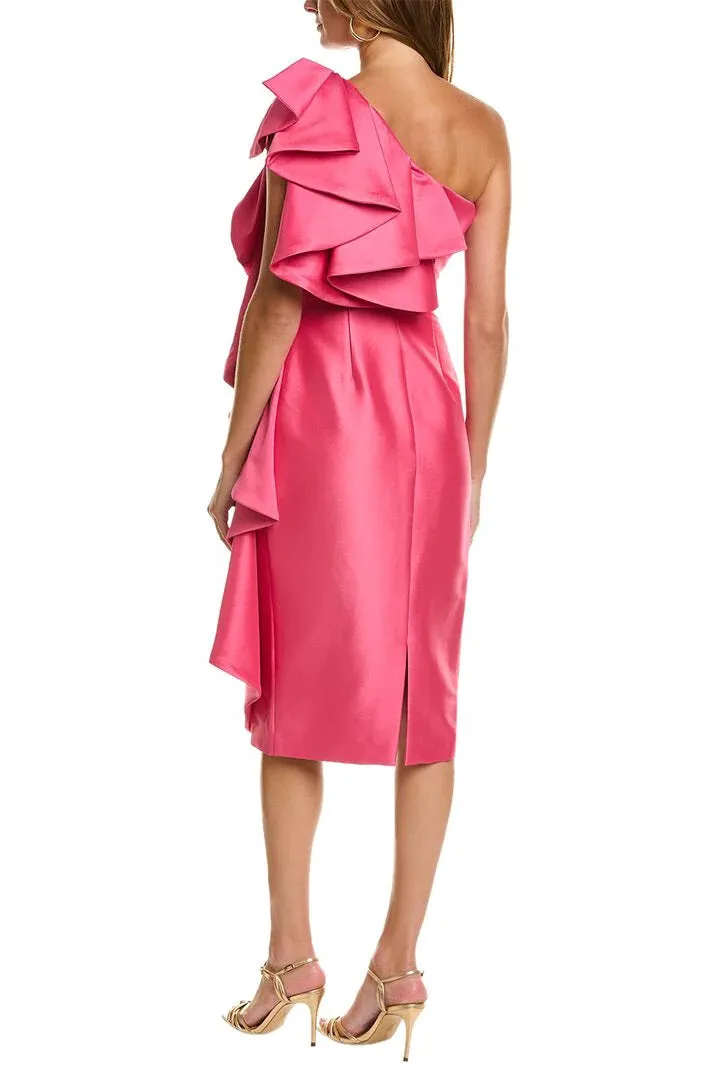 Badgley Mischka ruffled One-shoulder zipper closure stretch mikado dress