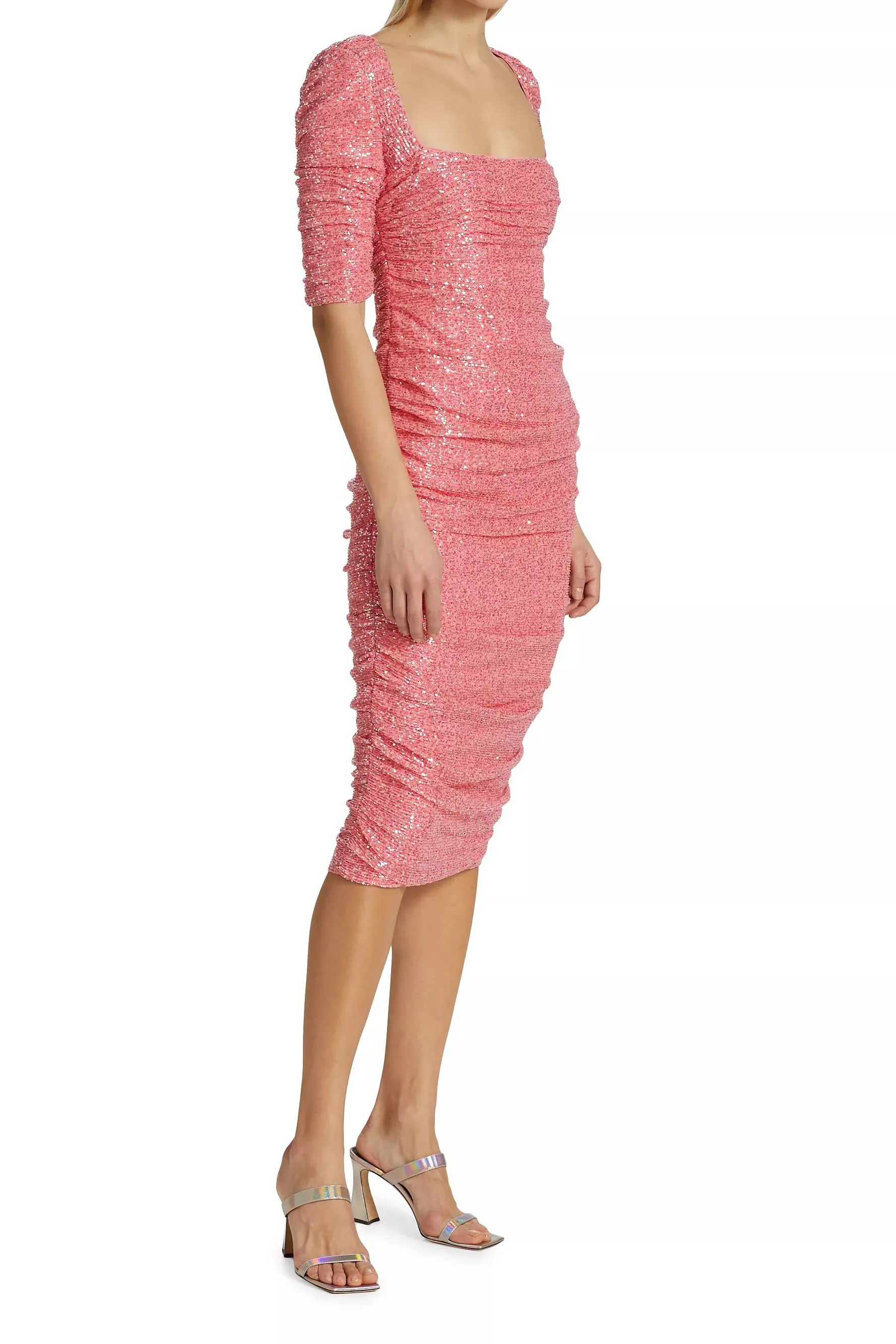 Badgley Mischka Square Neck Elbow Sleeve Zipper Closure Ruched Sequined Dress