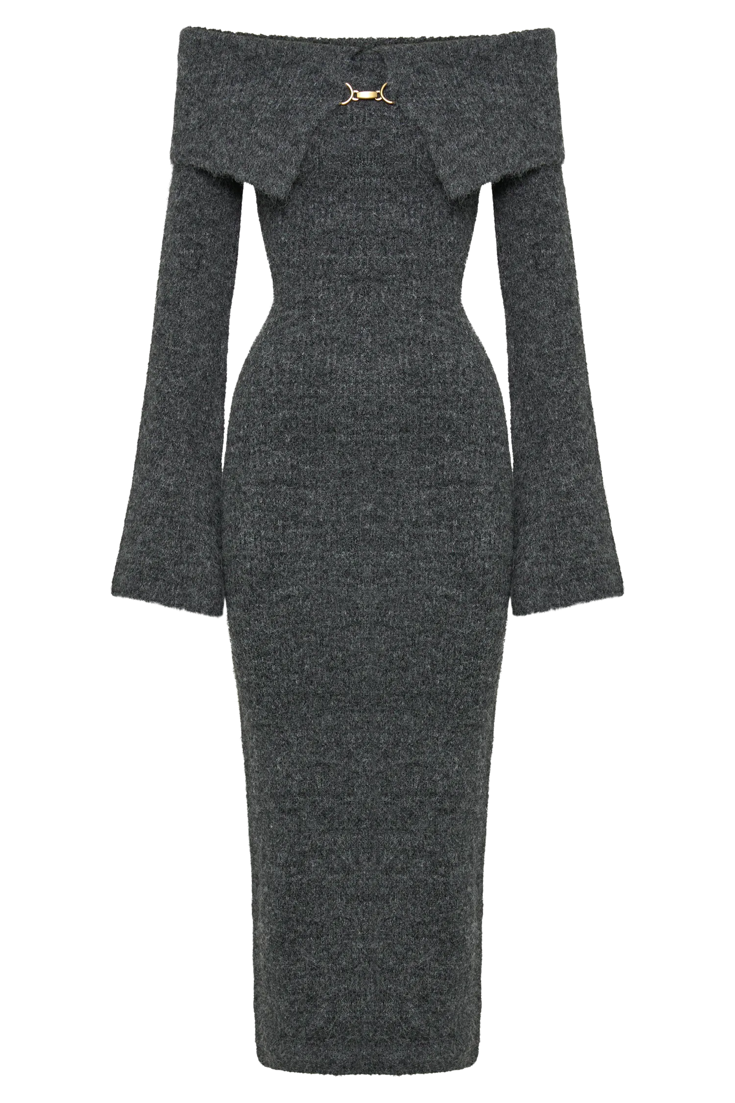 Baxter Off Shoulder Fluffy Knit Midi Dress - Charcoal