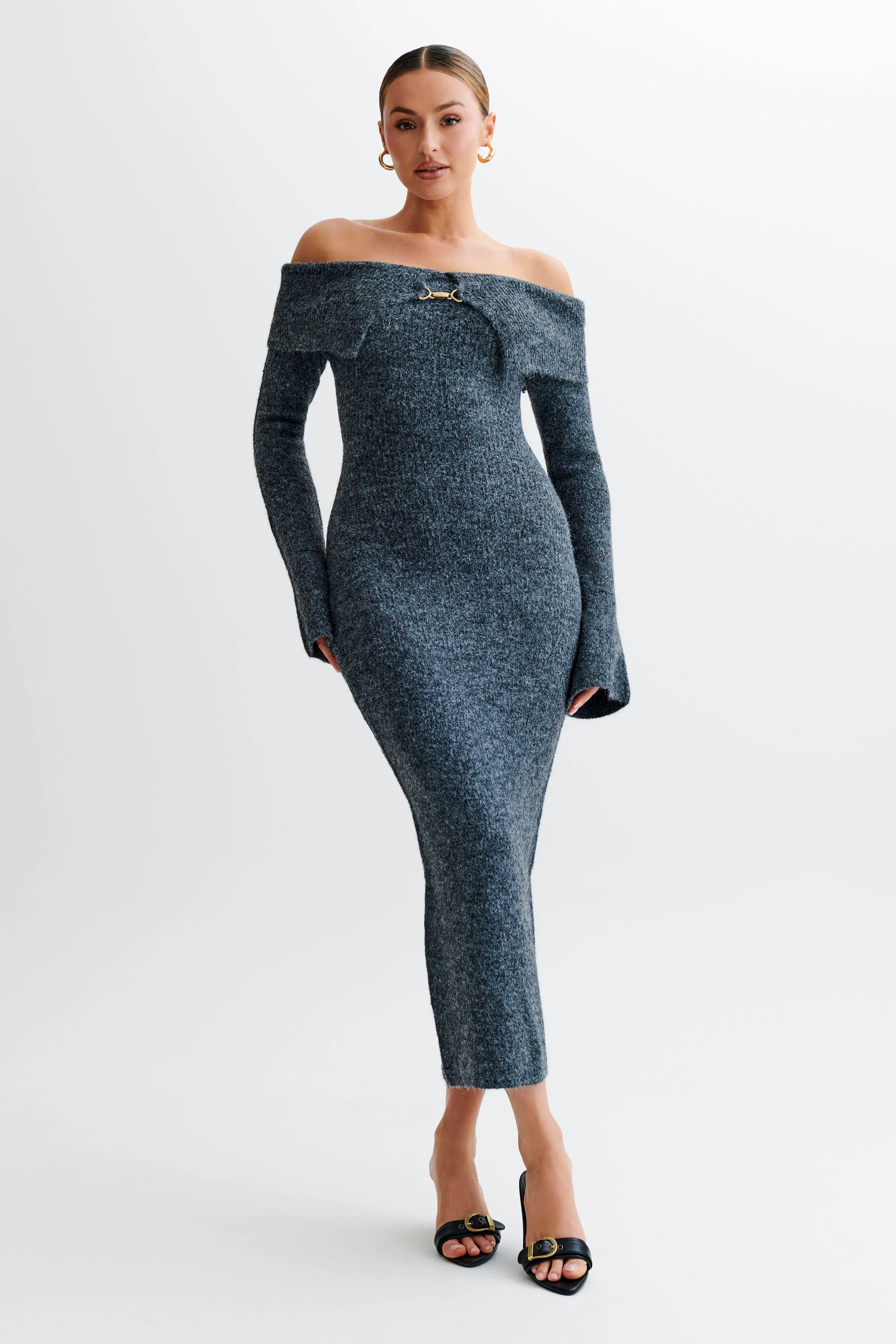 Baxter Off Shoulder Fluffy Knit Midi Dress - Charcoal