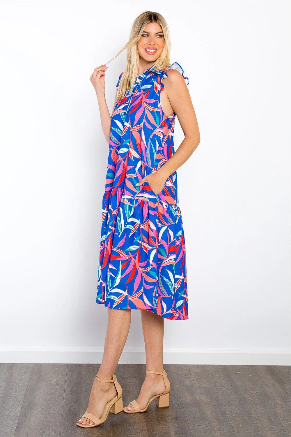 Be Stage Print Ruffled Midi Dress with Pockets