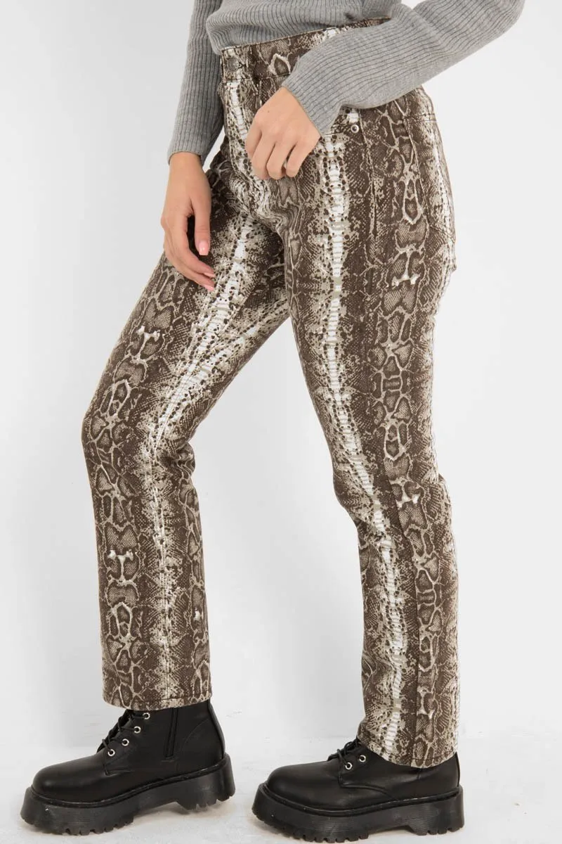 Beige Snake Print High Waist Denim Jeans - Raeann