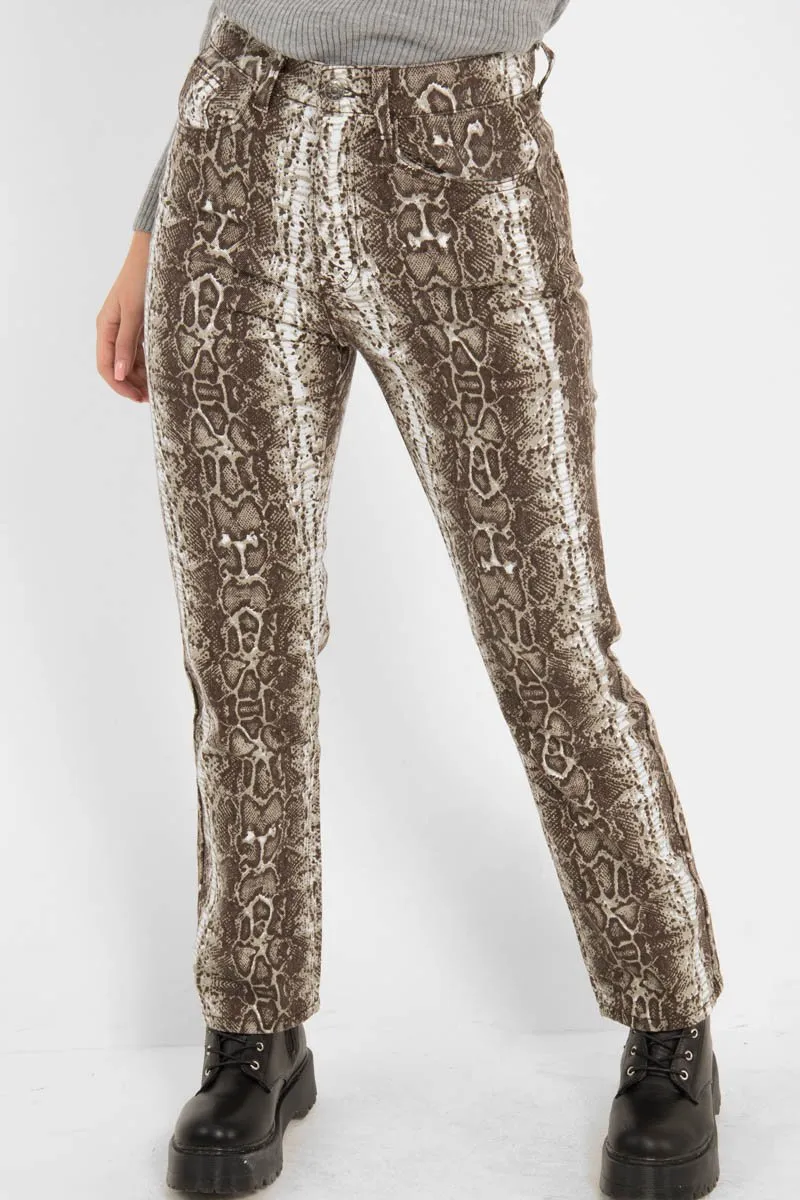 Beige Snake Print High Waist Denim Jeans - Raeann