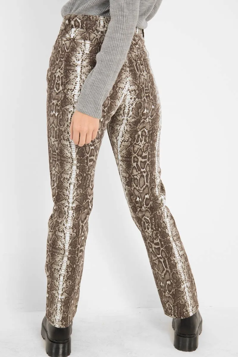 Beige Snake Print High Waist Denim Jeans - Raeann