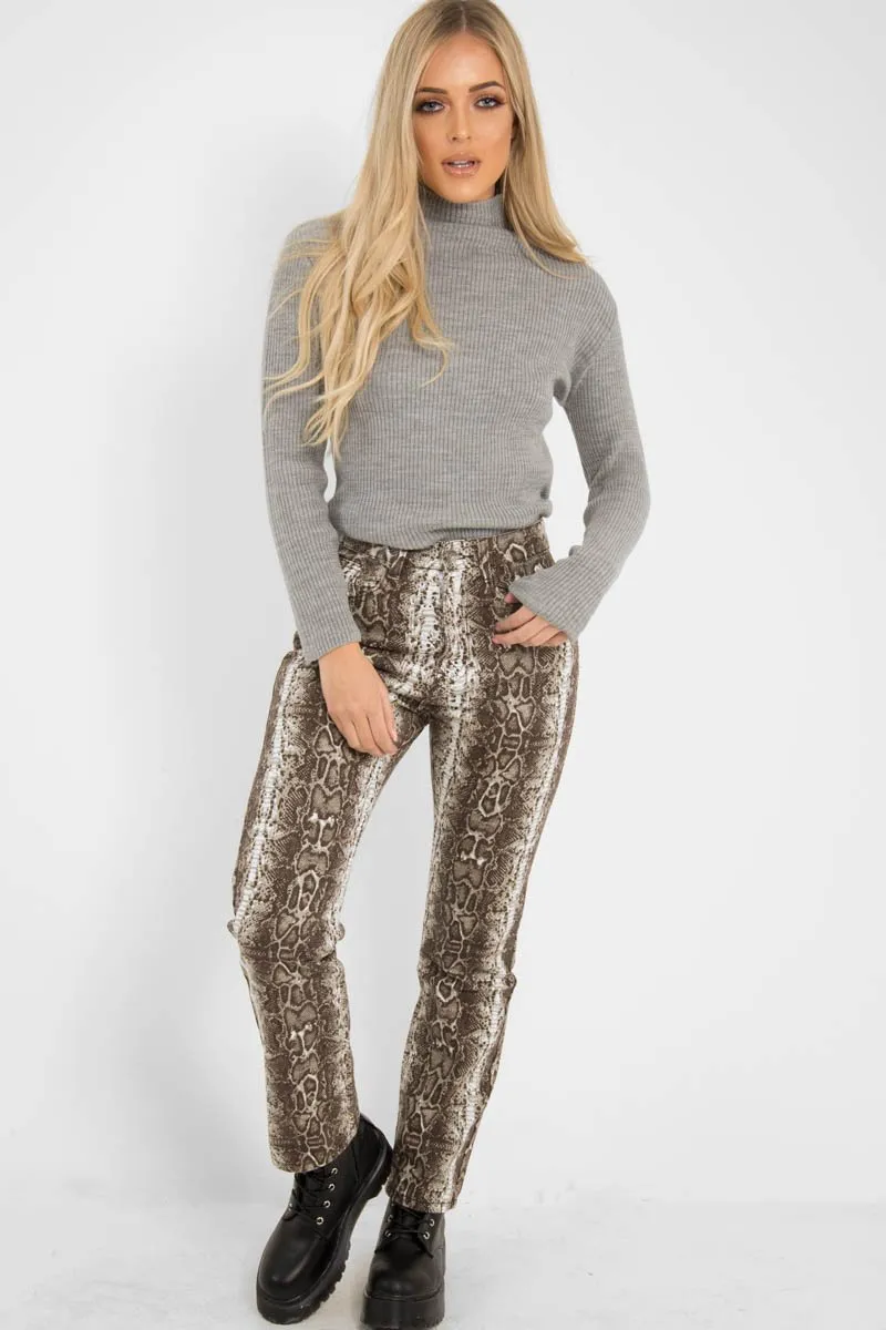 Beige Snake Print High Waist Denim Jeans - Raeann