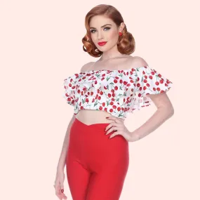 Bella Cherry Print Ruffle Crop Top in White