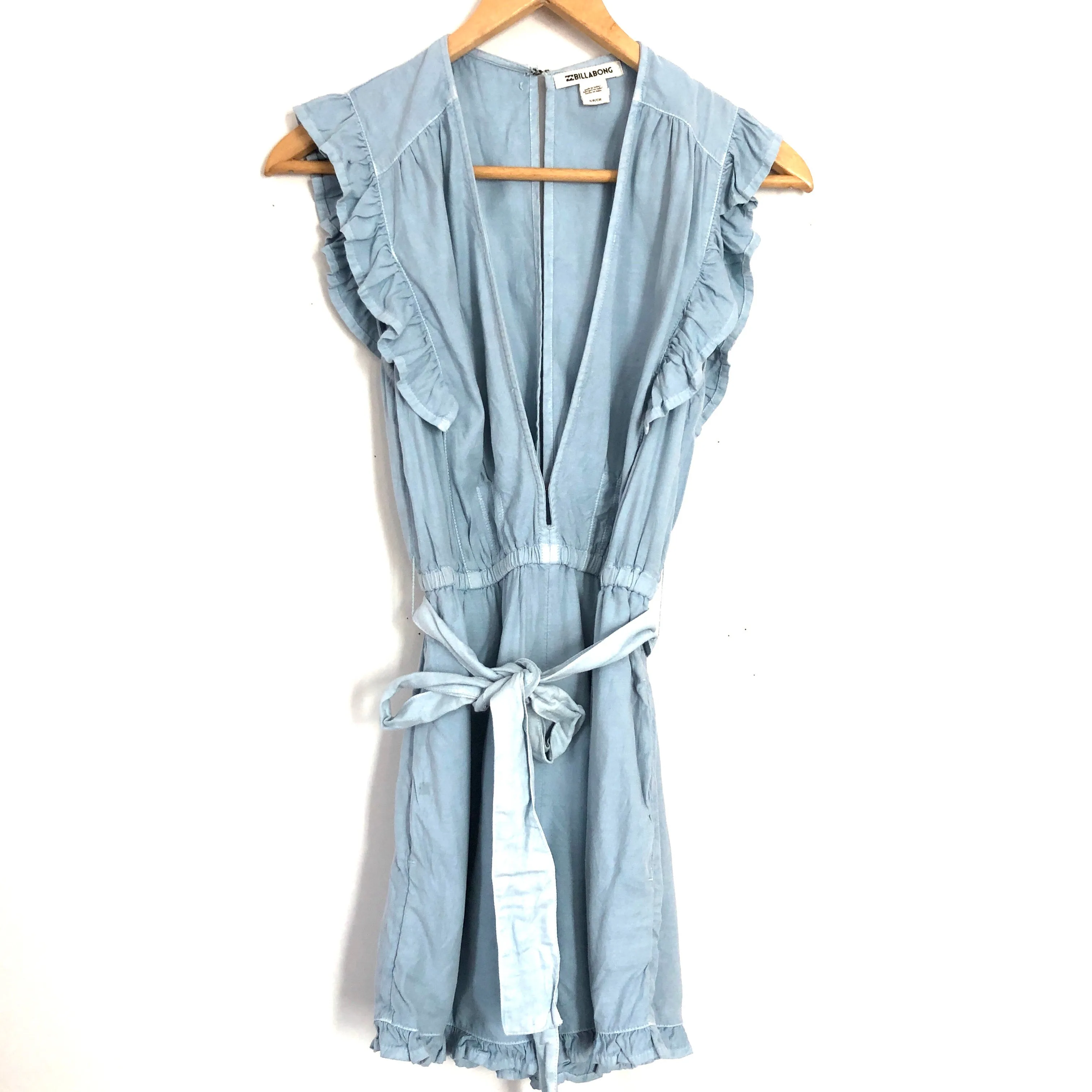 Billabong Chambray Romper with Ruffle Hem and Open Back- Size S