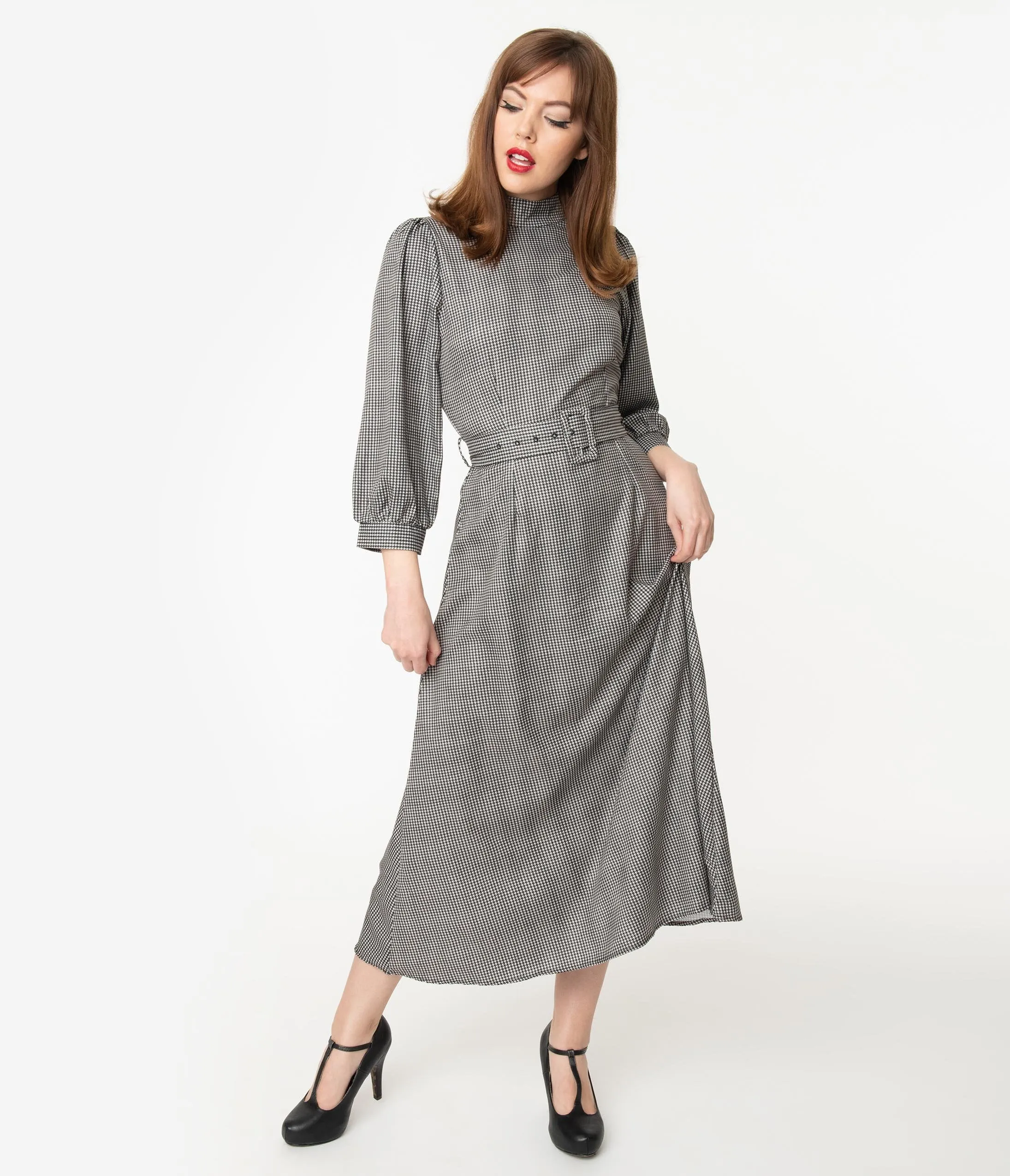 Black & White Houndstooth Long Sleeve Midi Dress